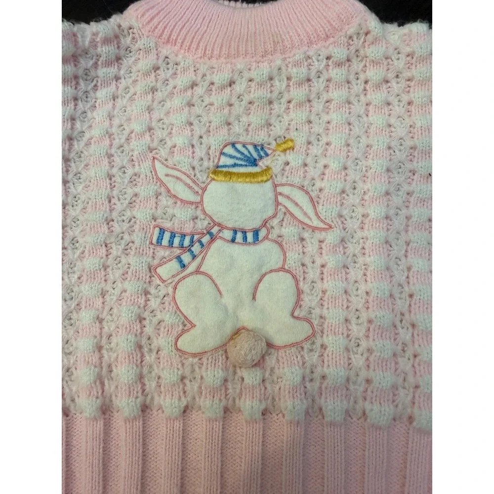 Vintage Tiny‎ Tots Original Pink White Bunny Popcorn Knit Sweater Pants Hat Set